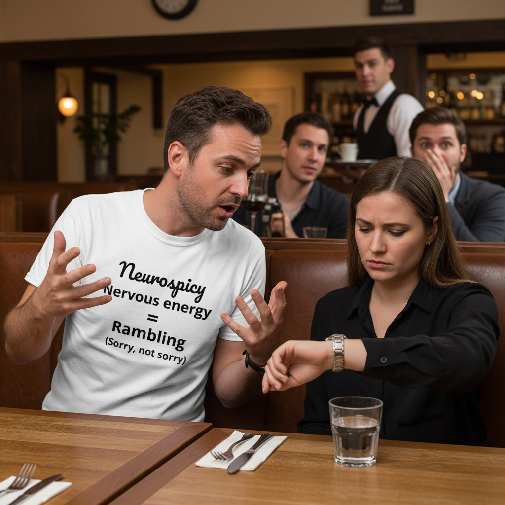 Neurospicy Nervous Energy Rambling Sorry Not Sorry white T-shirt
